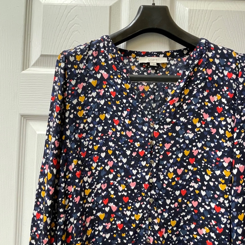 LOFT Women's Small Heart Print Tiered V-Neck Button Dress